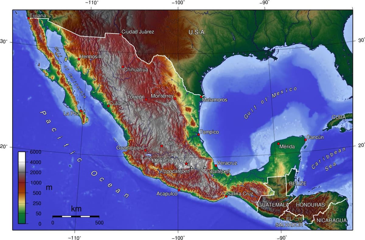 மெக்ஸிக்கோ நகரத்தின் topographic வரைபடம்